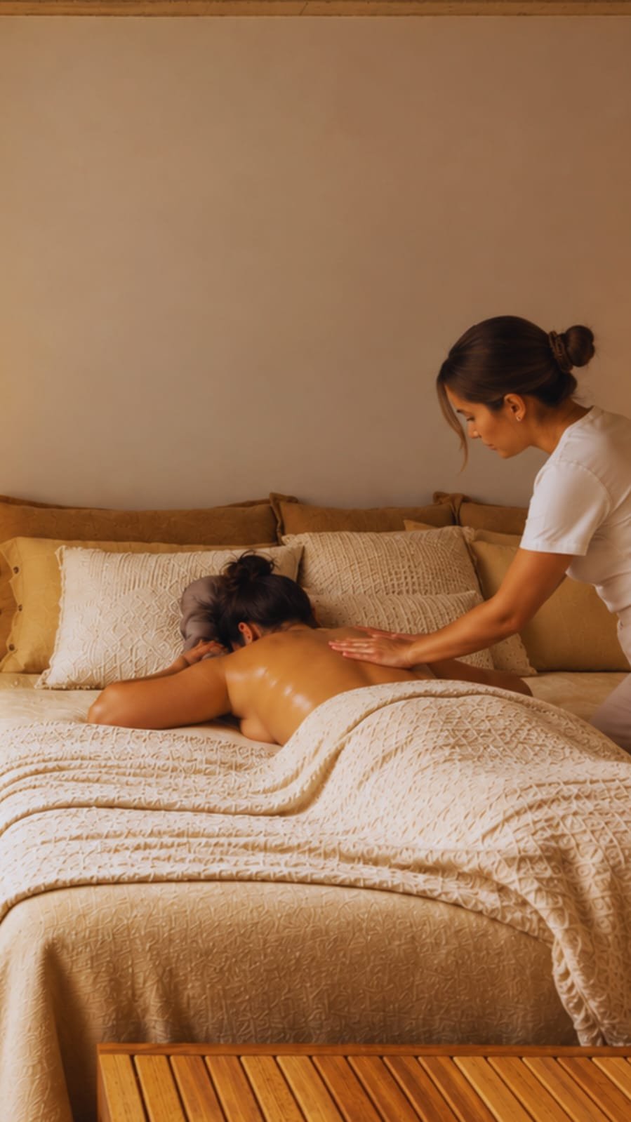 Massagem relaxante em domicílio, com a cliente deitada na própria cama coberta por uma manta